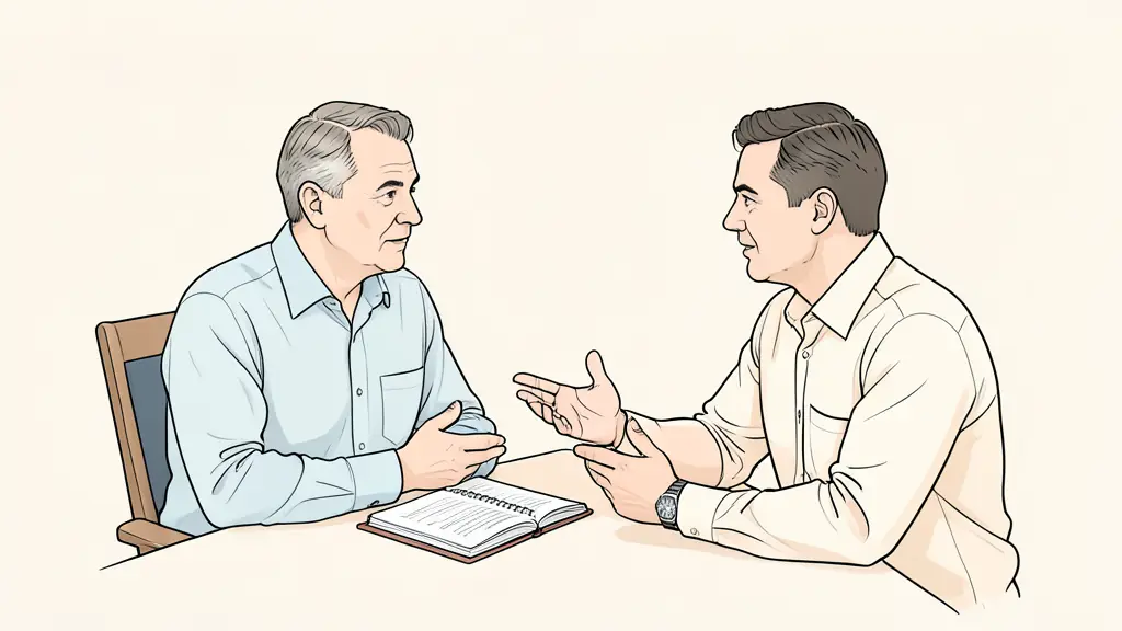 Professional in a quiet office discussing a career transition with a coach, notebook open and thoughtful body language