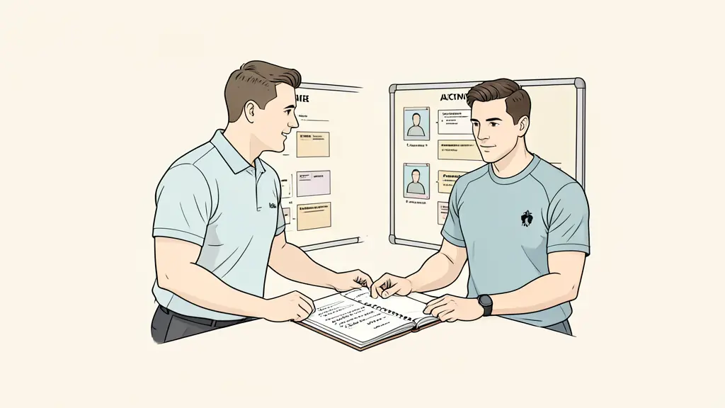 Manager preparing a delegation plan with a coach, task board visible and notebook filled with action points