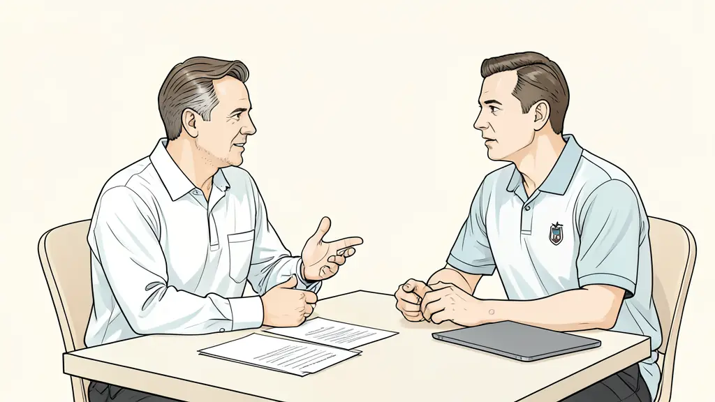 Professional having a reflective conversation with a coach in a quiet office, priority notes on a table, laptop closed