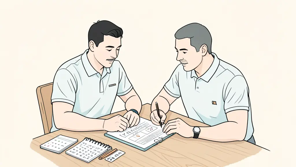 Coach and client reviewing a goal worksheet at a wooden table, calendar and handwritten progress indicators visible