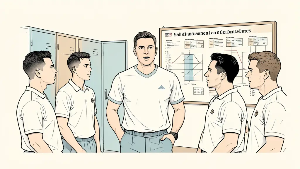 Calm football coach speaking directly to attentive players in a locker room, tactical board in the background, no visible text or logos